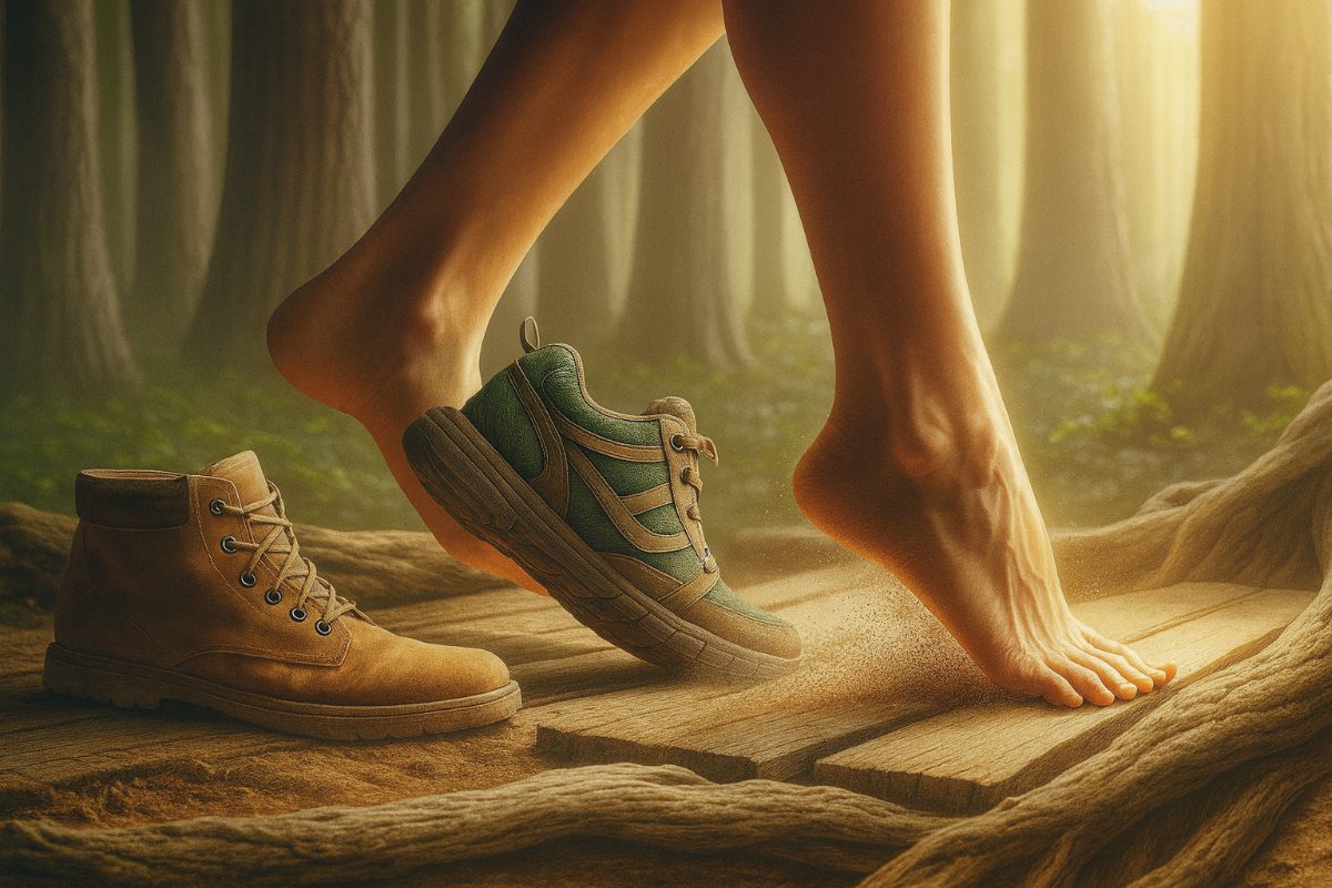 Person barefoot with images of barefoot shoes