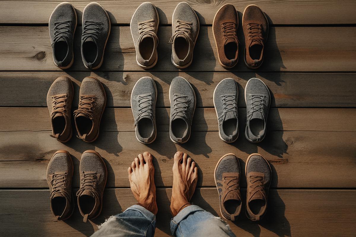 Person standing with pairs of barefoot shoes